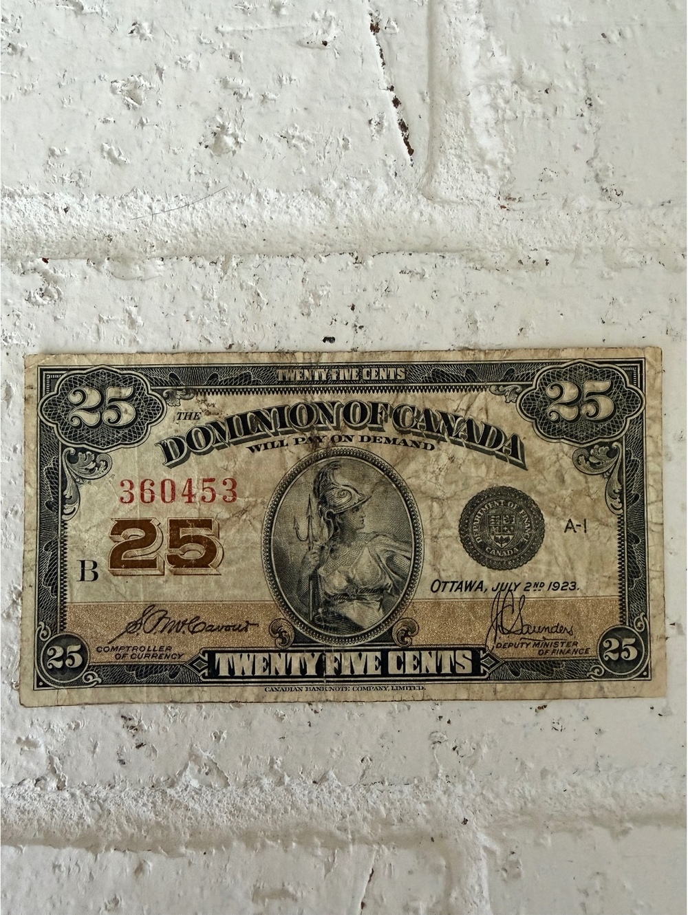 Vintage Dominion of Canada 25 Cents Banknote July 2, 1923 Collectible Currency